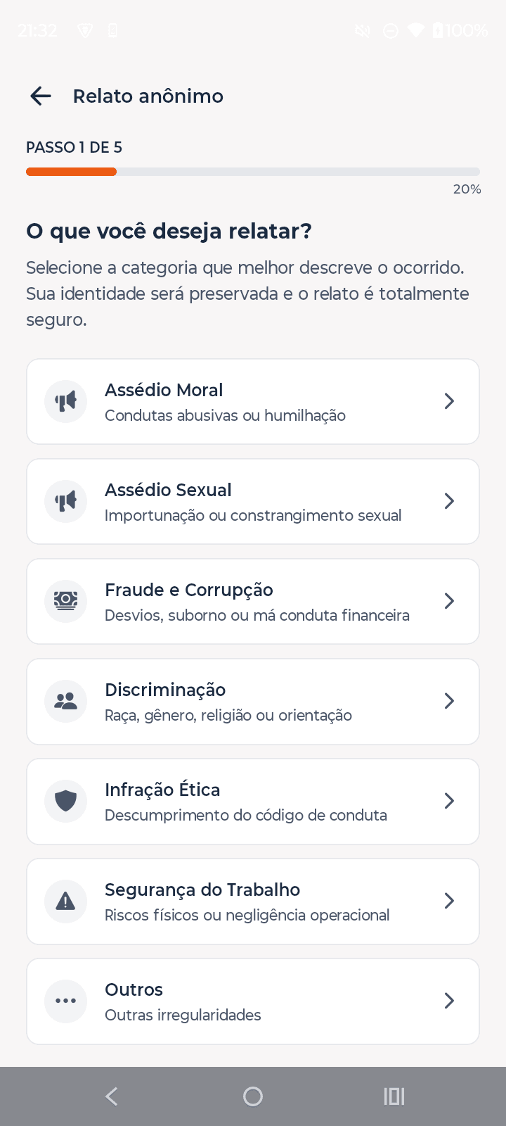 Escolha entre 7 categorias de denúncia