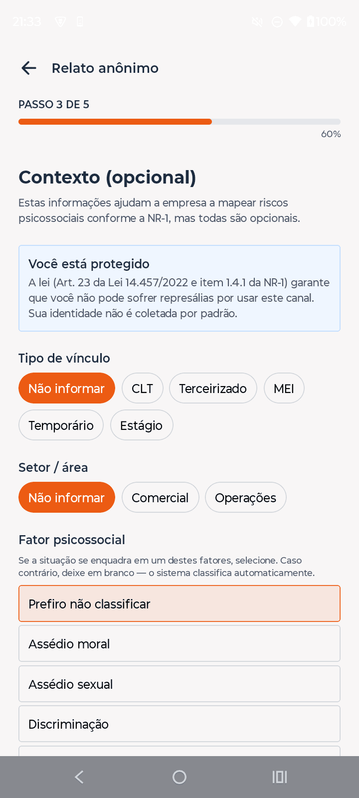 Adicione contexto NR-1 (vínculo, setor, fator) — opcional