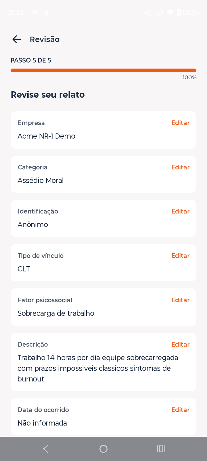 Revise o relato com todos os dados antes de enviar